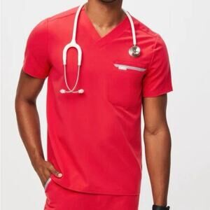 FIGS  Three-Pocket Scrub Top Neon red reflective, Small